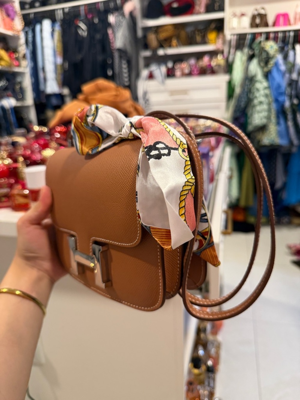 Stylish Tan faux Leather Crossbody Bag with Decorative Scarf & decorative horse